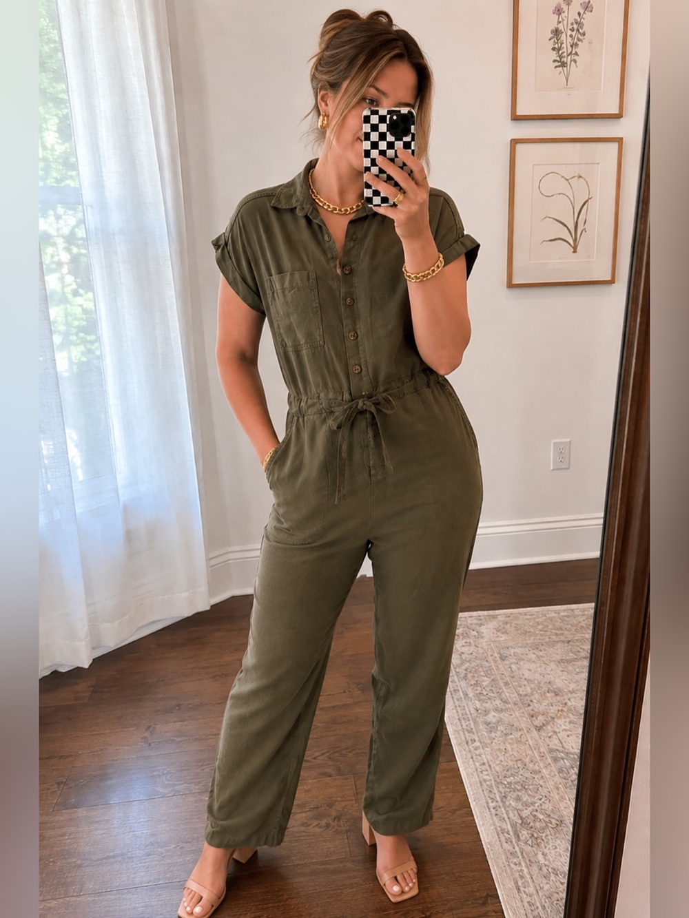GAP Olive Green Utility Jumpsuit Size 8 Tie Waist Short Sleeve